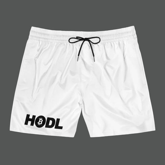 White shorts with 'HODL' and Bitcoin logo on a white background