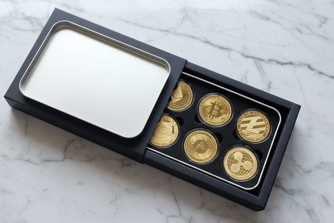 Set of gold coins in a black box on a marble background