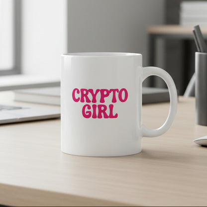 White mug with 'CRYPTO GIRL' text in pink on a white background