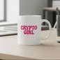 White mug with 'CRYPTO GIRL' text in pink on a white background