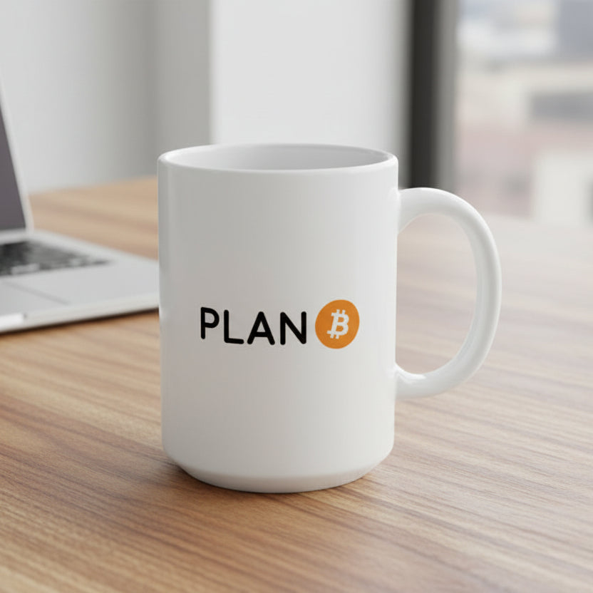 White mug with 'PLAN' and a Bitcoin logo on a white background