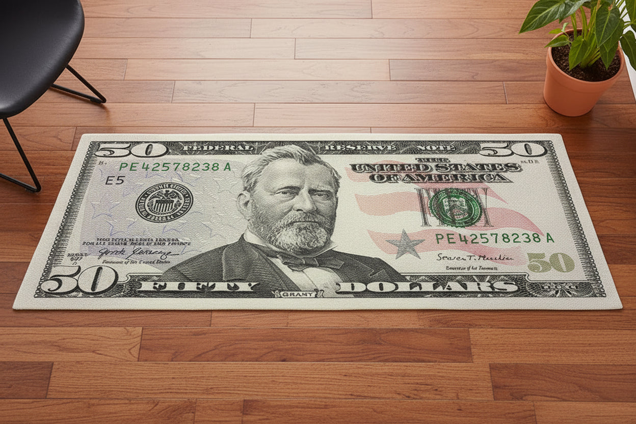 Fifty-dollar bill design rug on a wooden floor