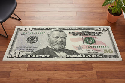 Fifty-dollar bill design rug on a wooden floor