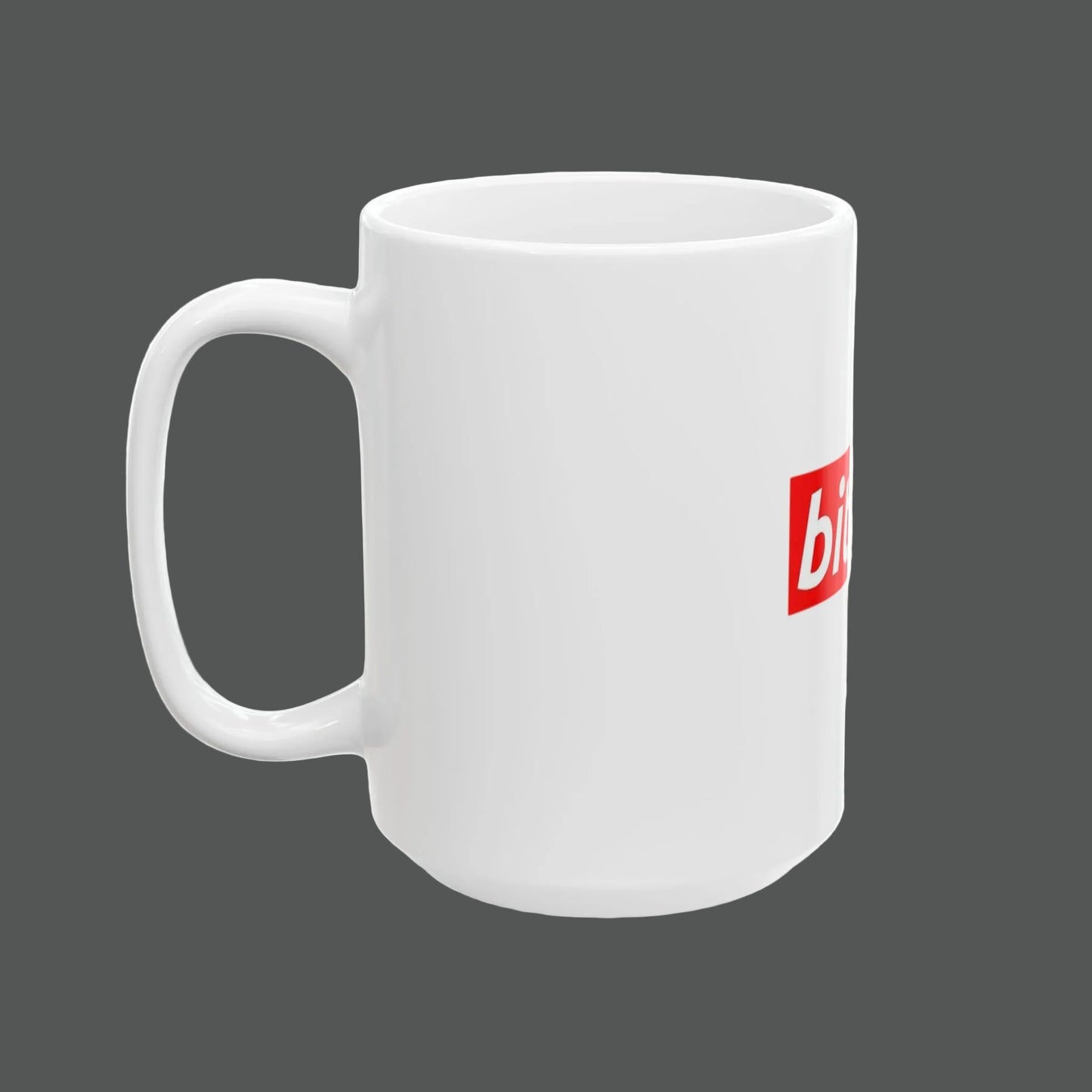 White mug with a red logo on a white background