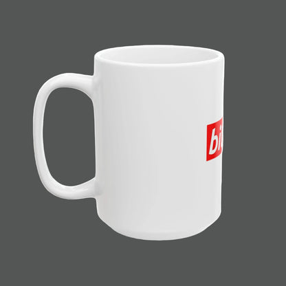 White mug with a red logo on a white background