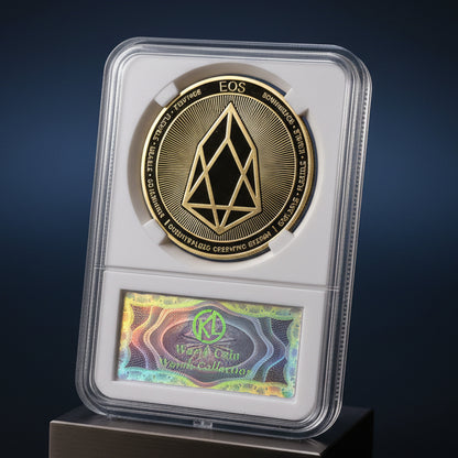 Gold  coin with a crypto logo held in a clear protective case against a white background