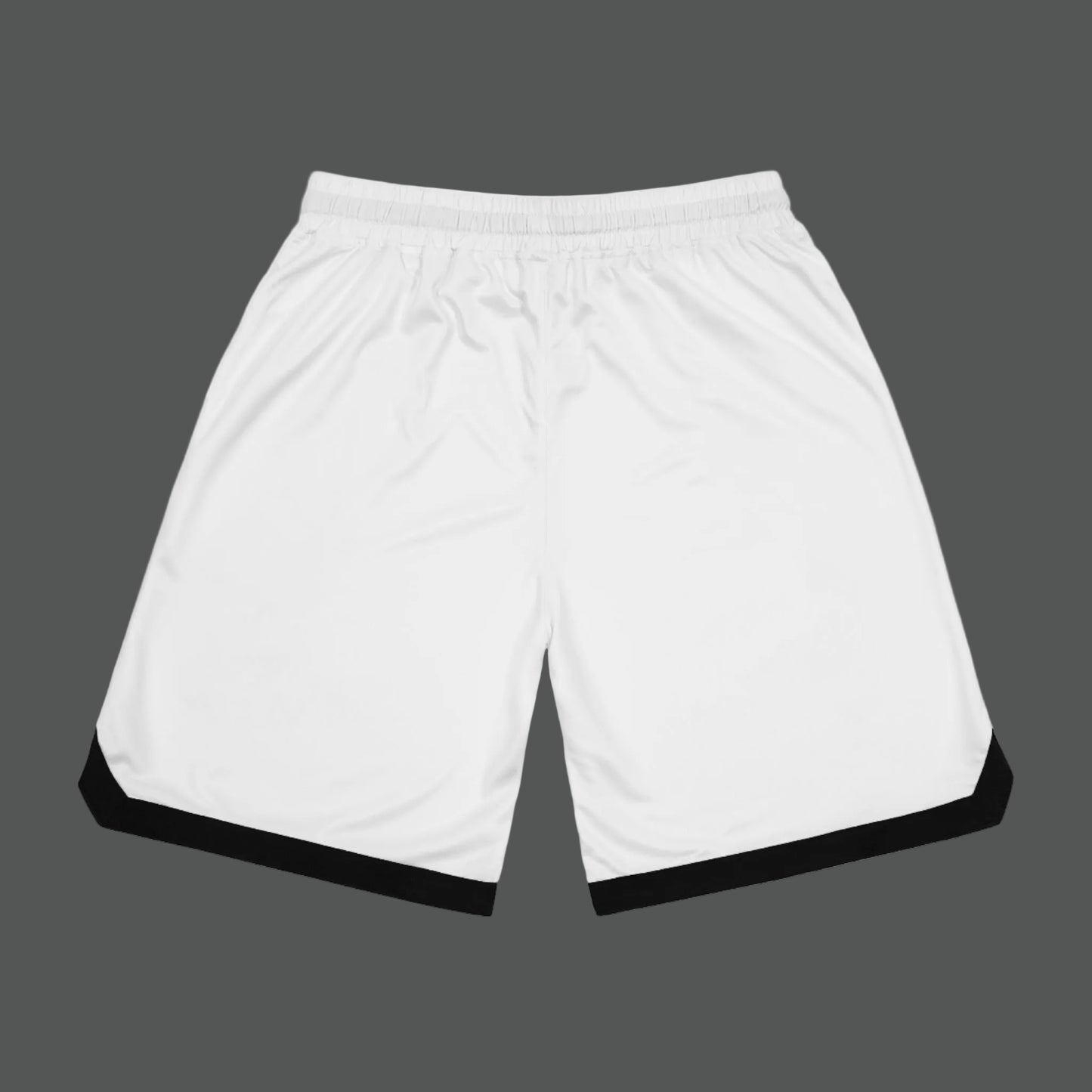White shorts with black trim on a white background