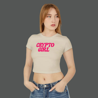 Woman wearing a beige t-shirt with 'CRYPTO GIRL' in pink text on a white background