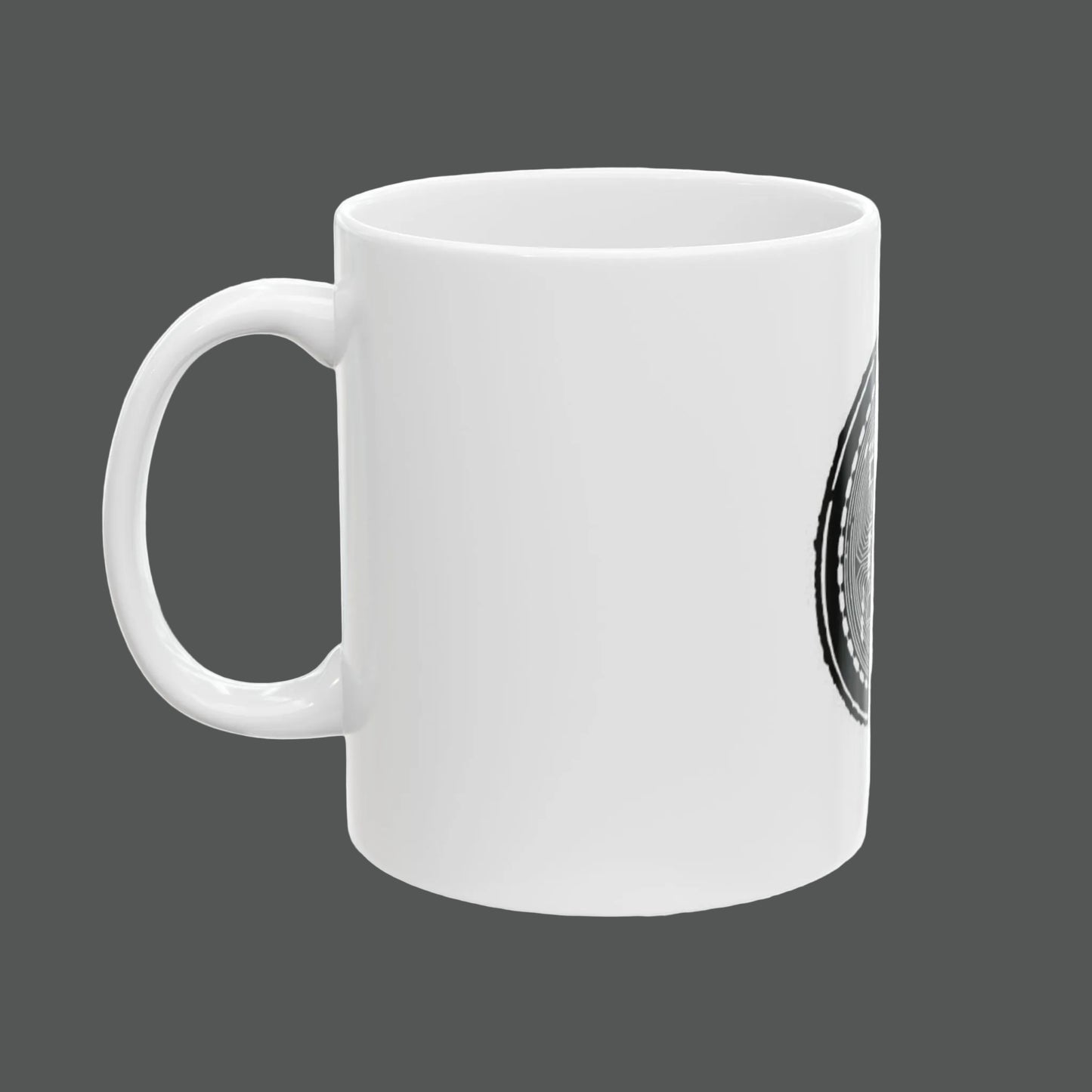 White mug with a black and white design on a white background