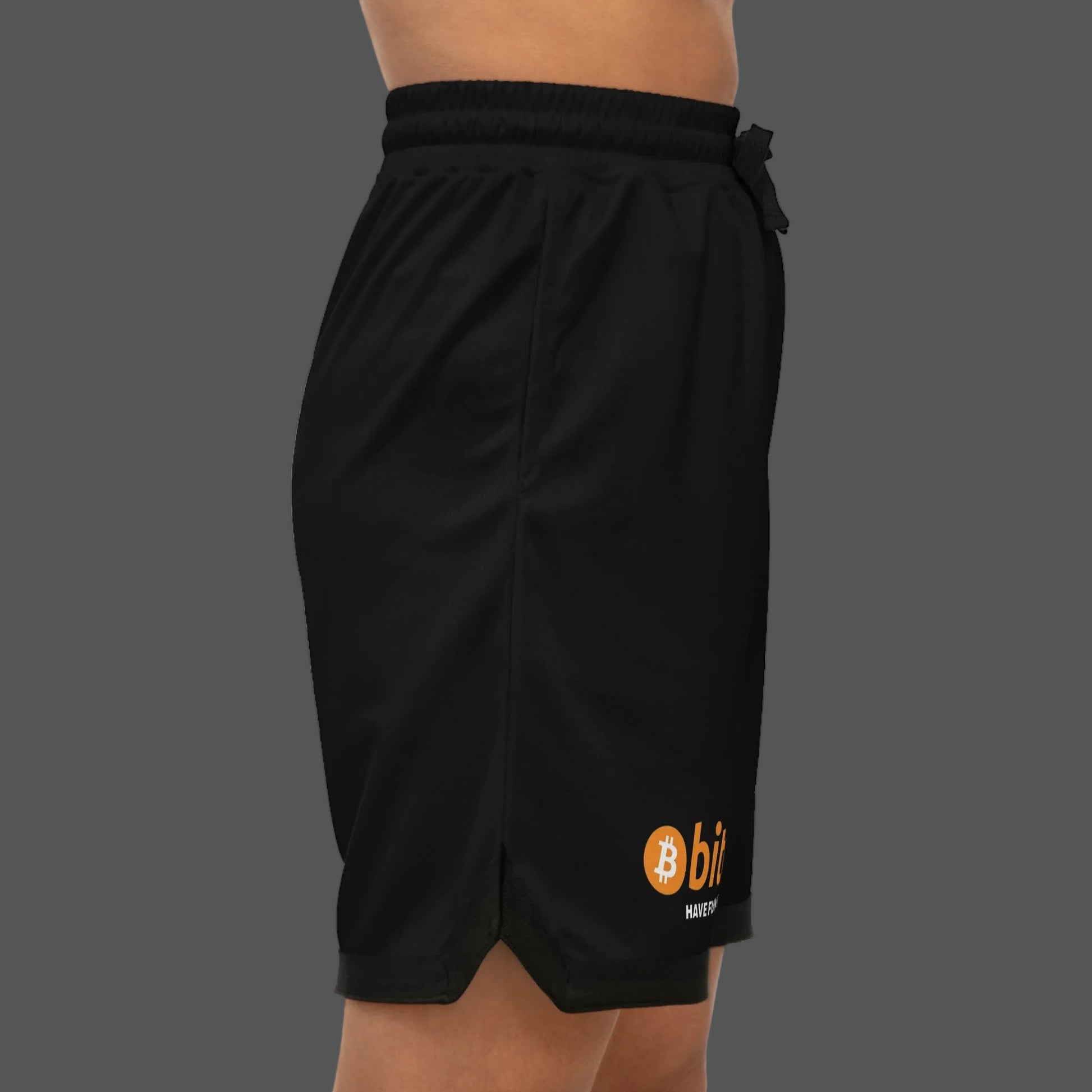 Black shorts with Bitcoin logo on a white background