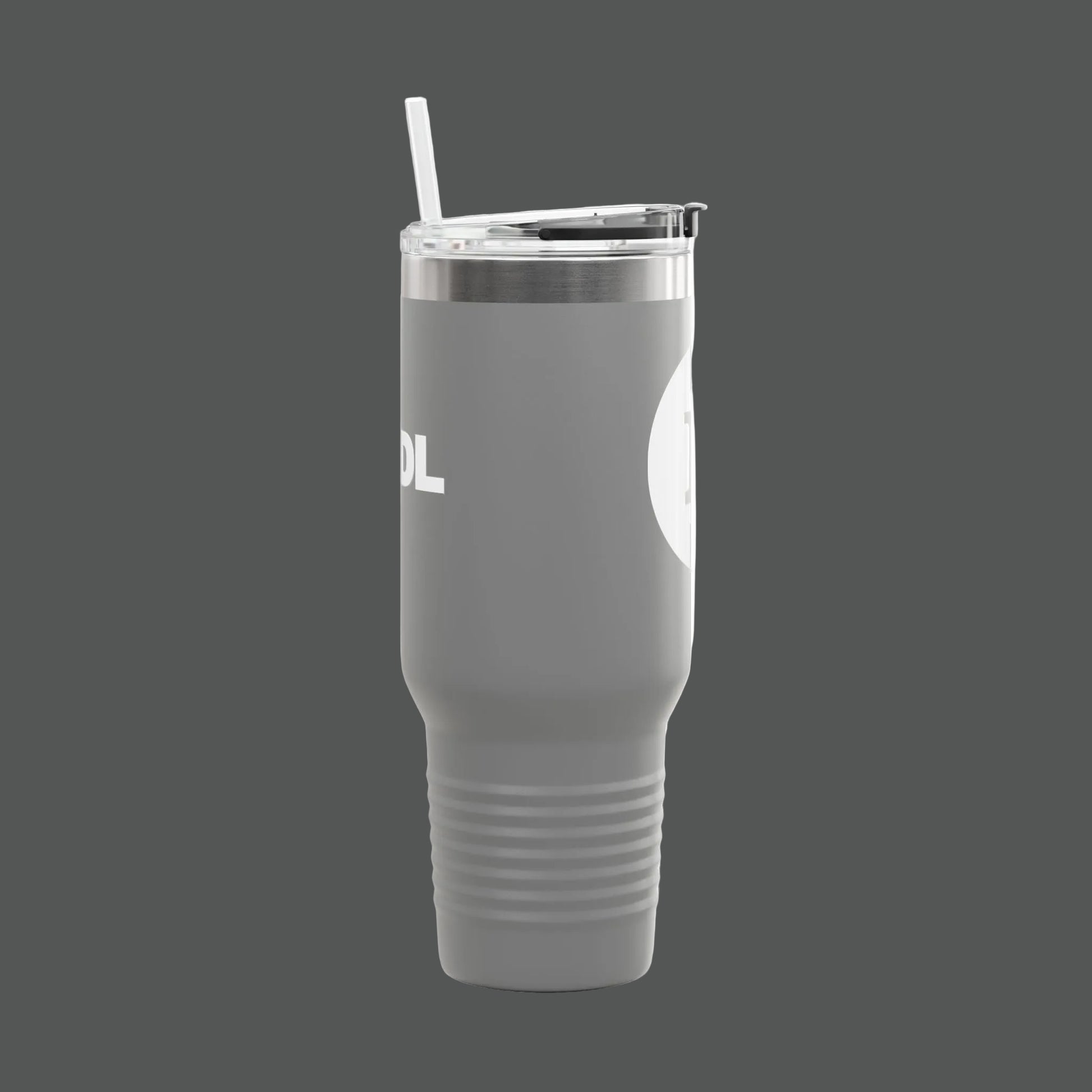 Gray tumbler with a straw on a white background