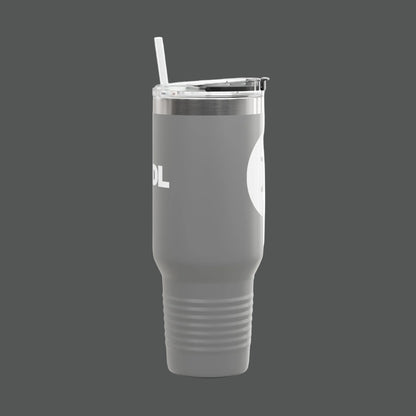 Gray tumbler with a straw on a white background