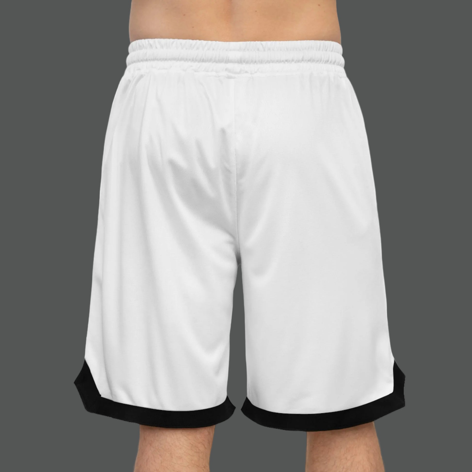 White shorts with black trim on a white background