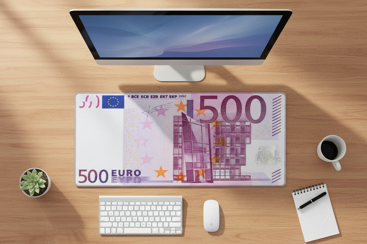 Desk setup with a computer monitor, keyboard, and mouse on a desk mat featuring a 500 Euro banknote design.