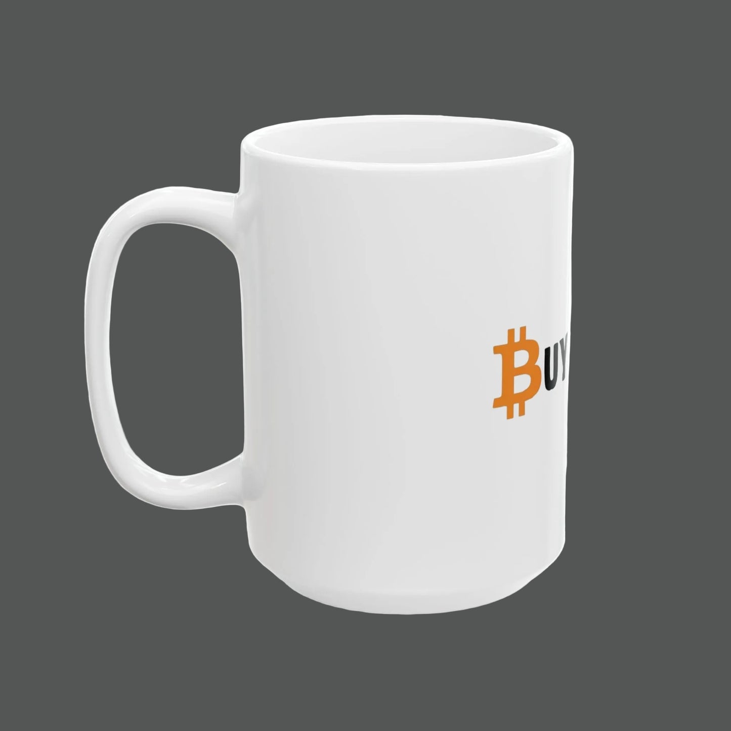 White mug with Bitcoin logo on a white background
