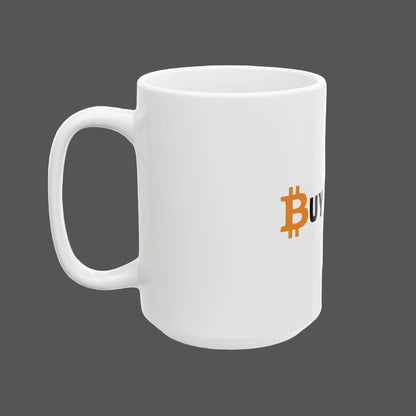 White mug with Bitcoin logo on a white background