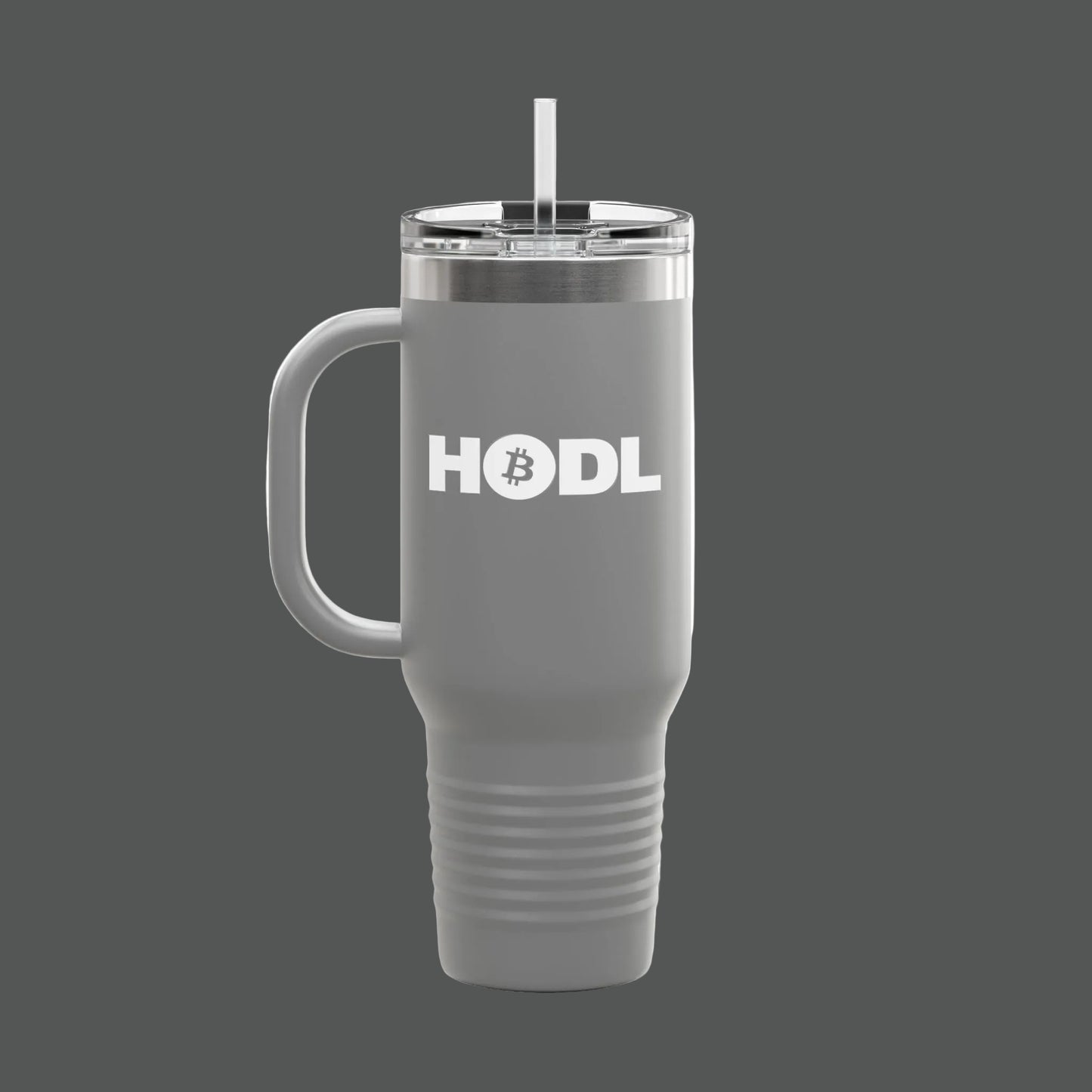 Black insulated tumbler with handle and straw on a white background