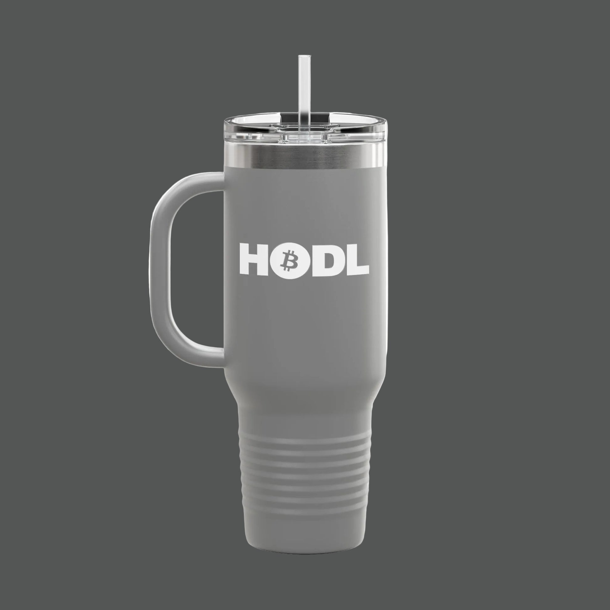 Black insulated tumbler with handle and straw on a white background
