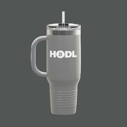 Black insulated tumbler with handle and straw on a white background