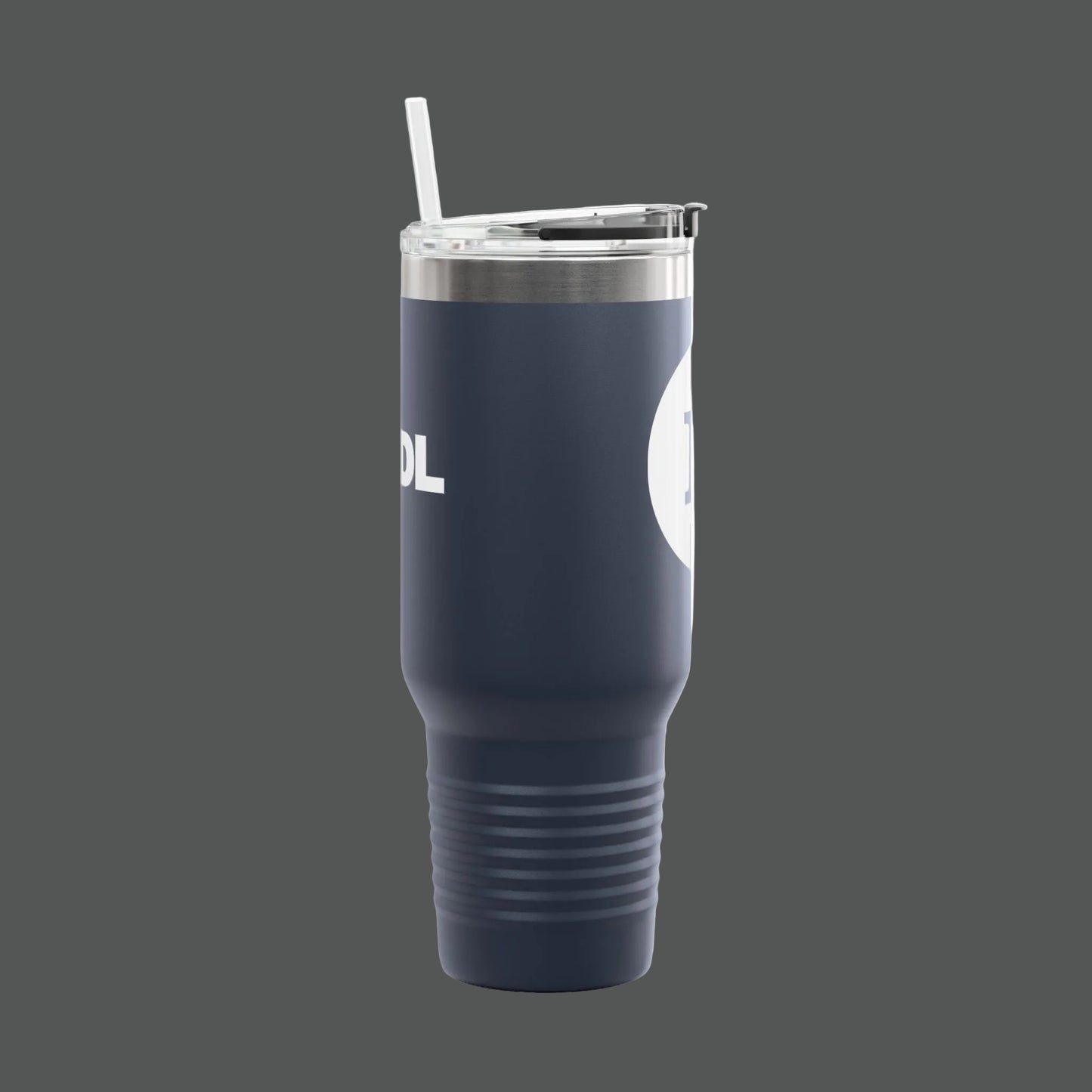 Navy blue tumbler with a design on a white background