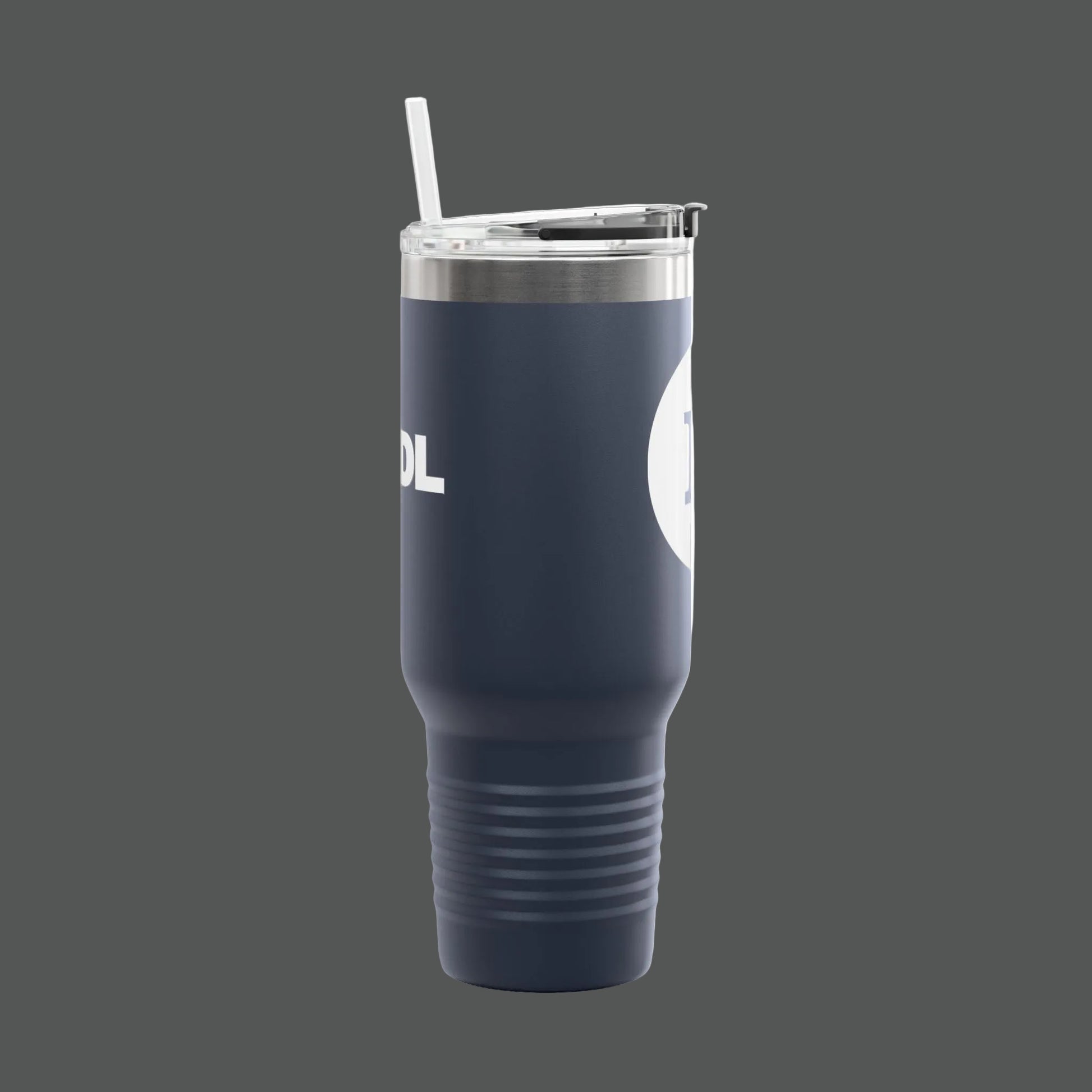 Navy blue tumbler with a design on a white background