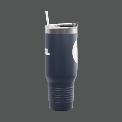 Navy blue tumbler with a design on a white background