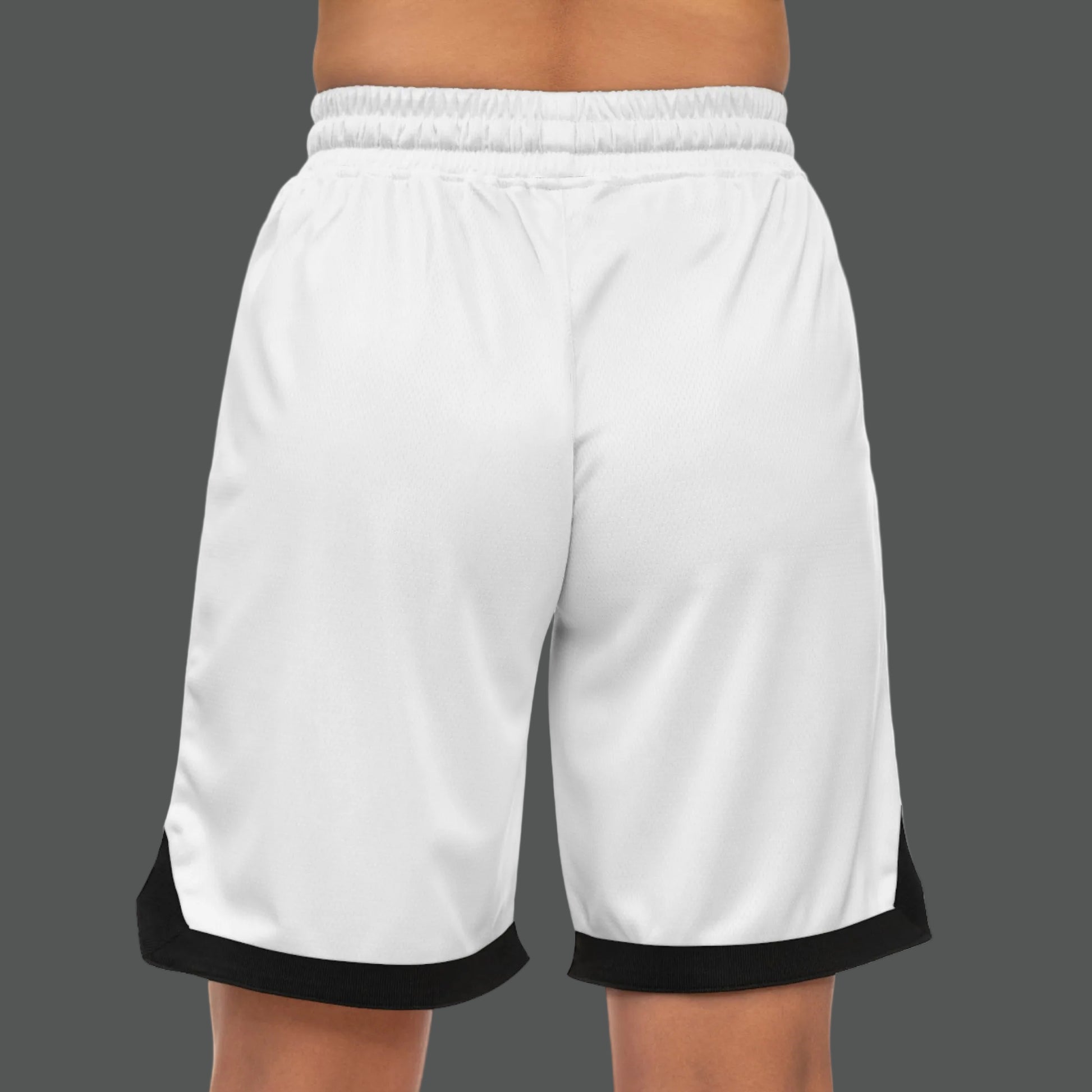 White shorts with black trim on a white background