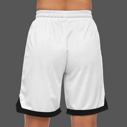 White shorts with black trim on a white background