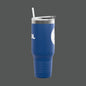 Blue tumbler with a straw on a white background