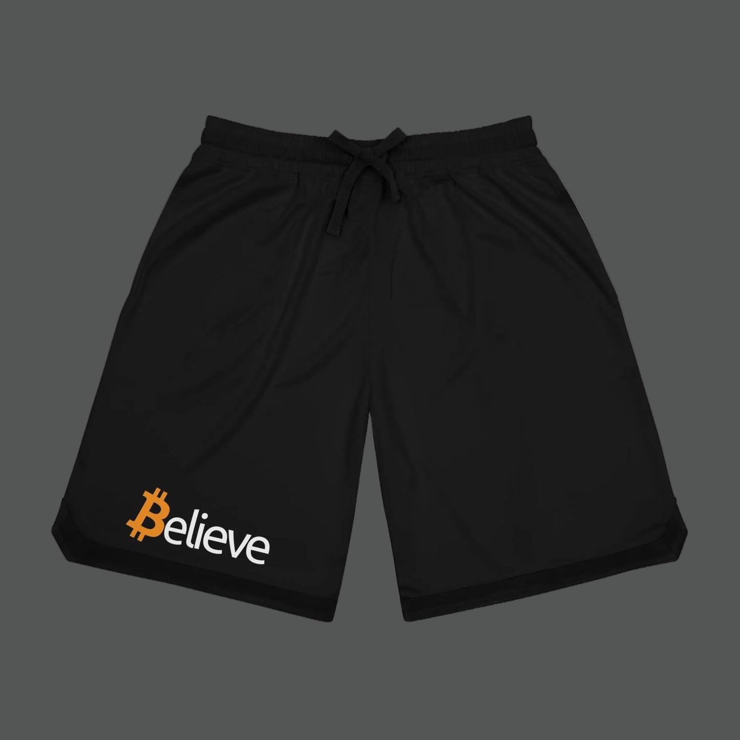 Black shorts with 'Believe' and Bitcoin logo on a white background