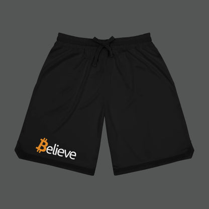 Black shorts with 'Believe' and Bitcoin logo on a white background