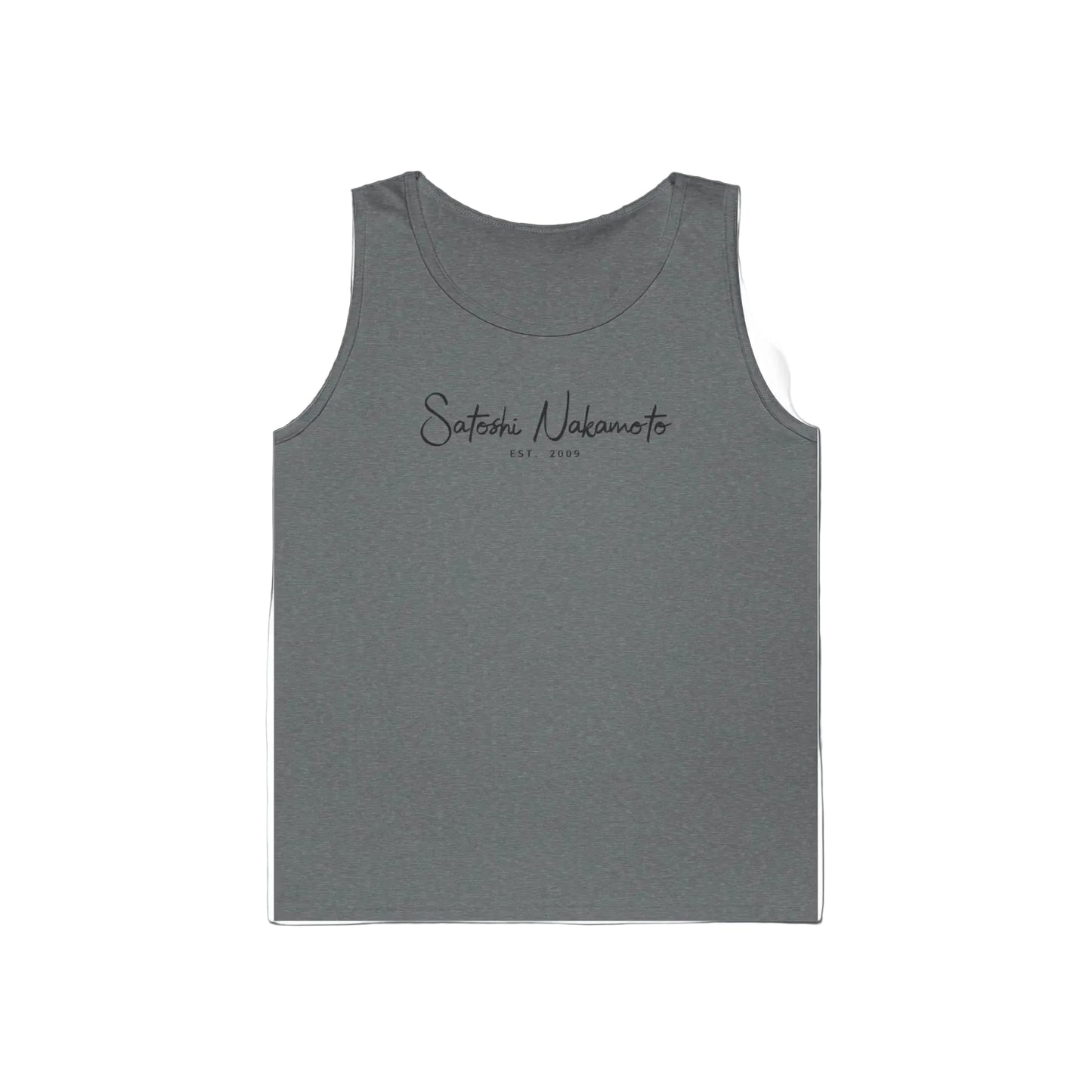 Gray tank top with text on a gray background