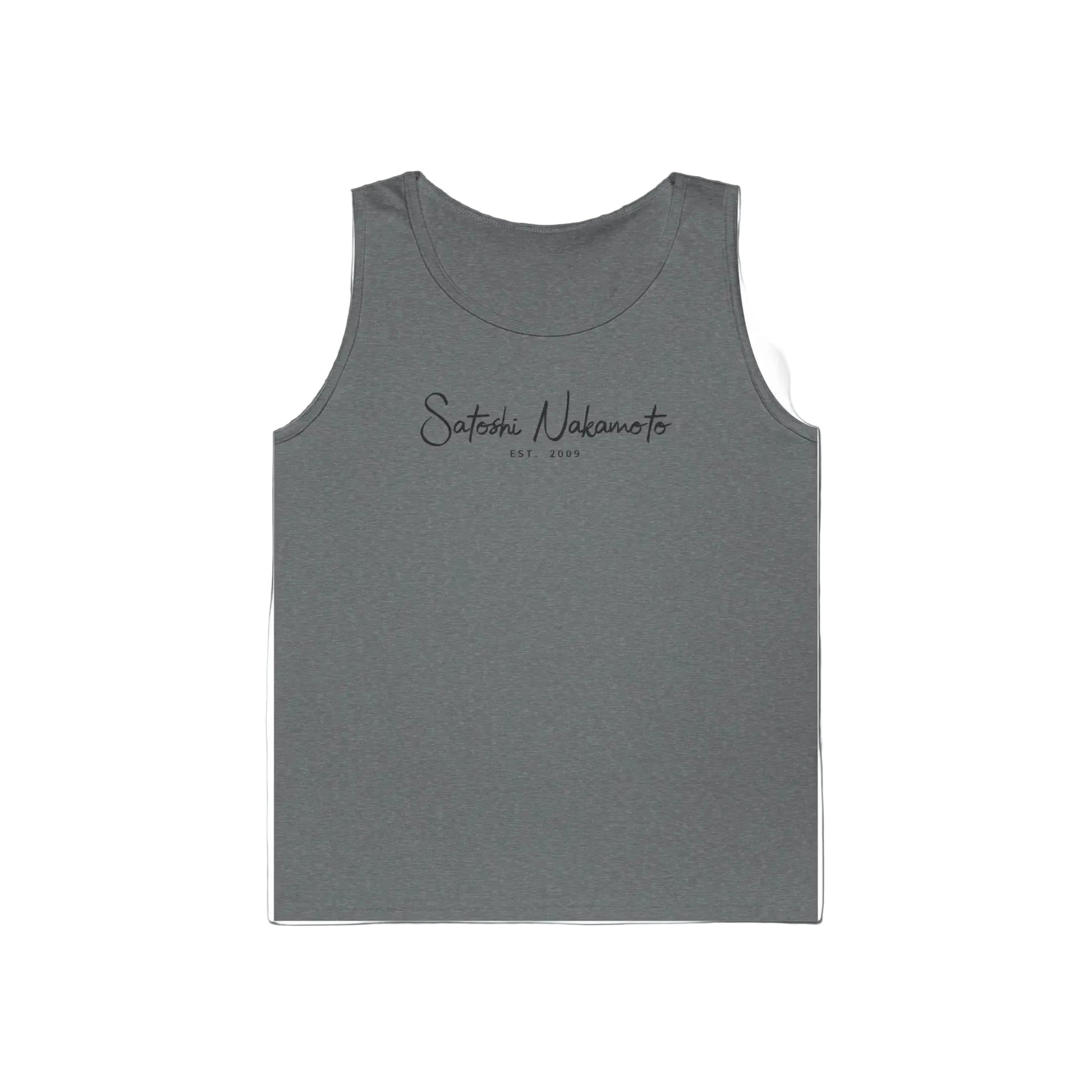 Gray tank top with text on a gray background