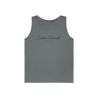 Gray tank top with text on a gray background
