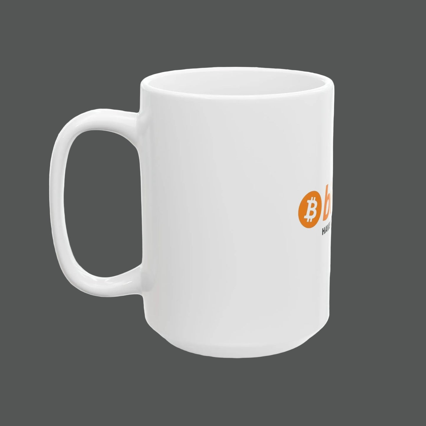 White mug with Bitcoin logo on a white background