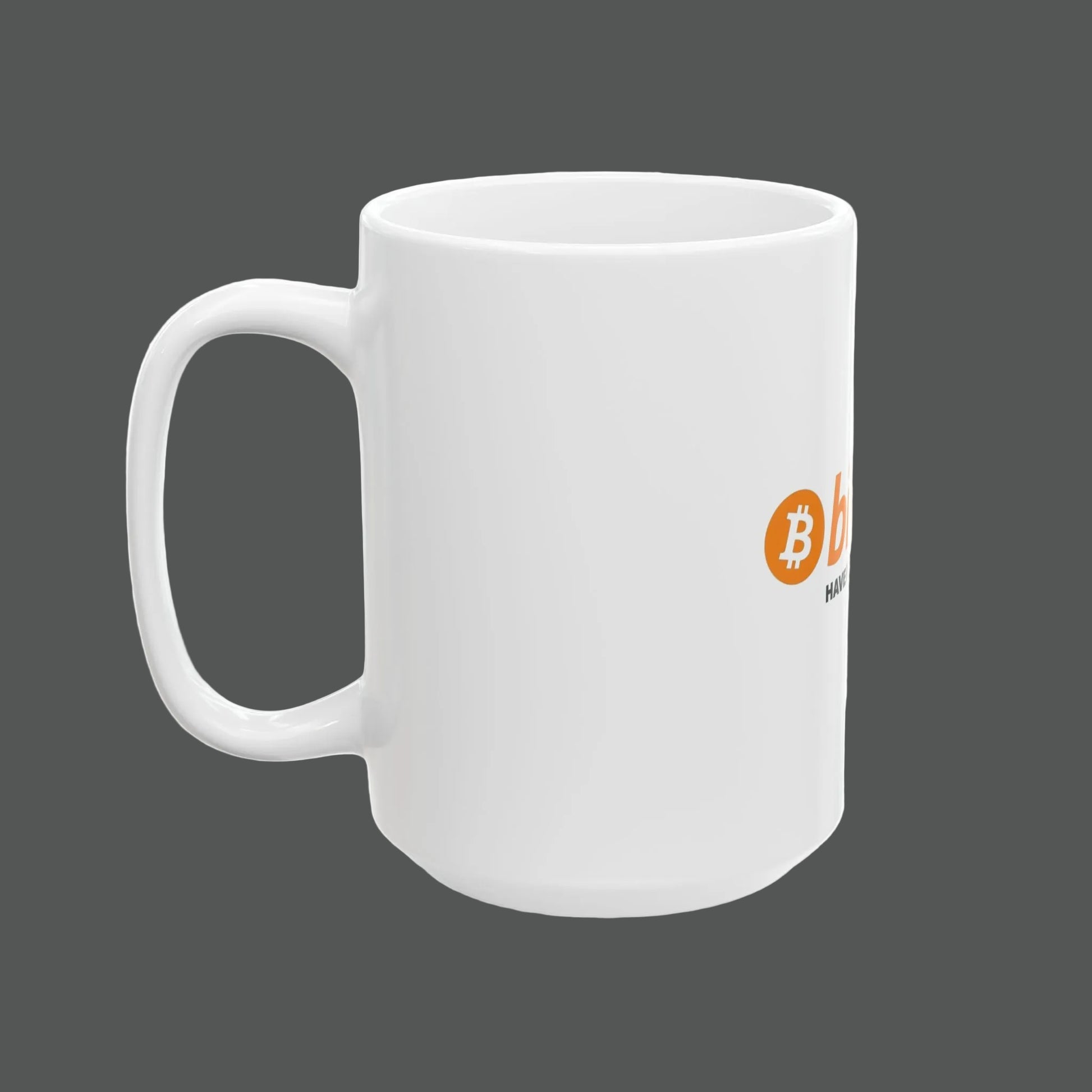 White mug with Bitcoin logo on a white background
