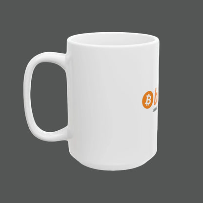 White mug with Bitcoin logo on a white background