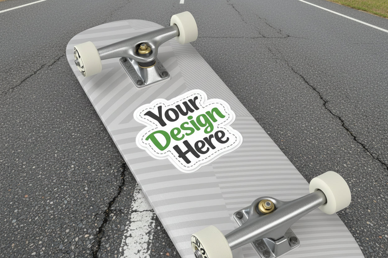 Skateboard deck with a customizable sticker area labeled 'Your Design Here'.