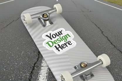 Skateboard deck with a customizable sticker area labeled 'Your Design Here'.