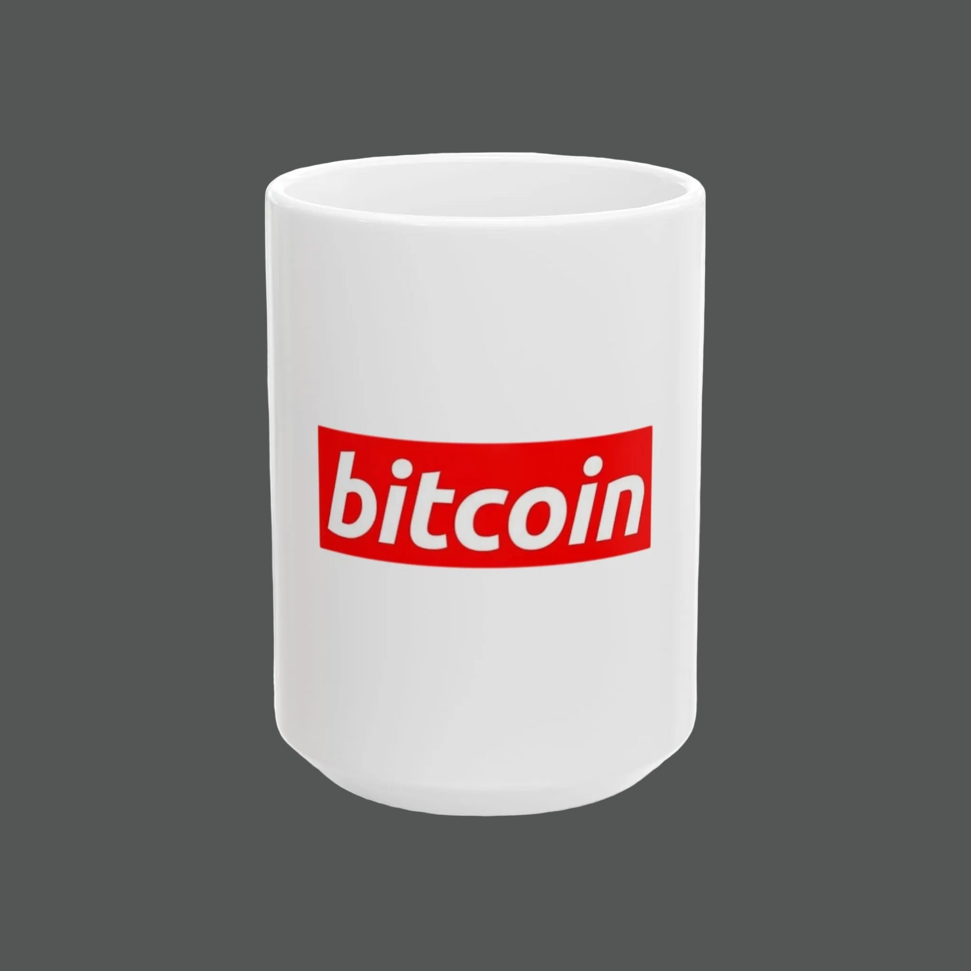 White mug with a red 'bitcoin' logo on a white background