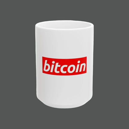 White mug with a red 'bitcoin' logo on a white background