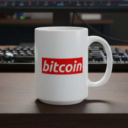 White mug with 'bitcoin' logo on a desk with computer equipment in the background
