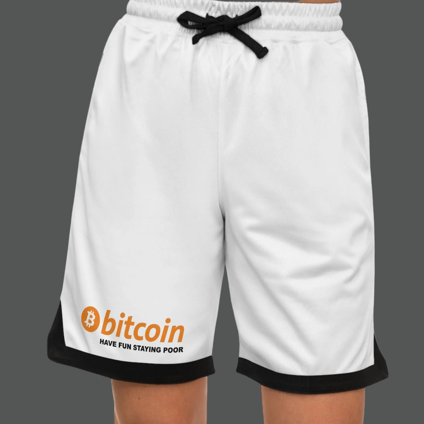White shorts with Bitcoin logo and text on a white background