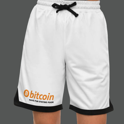 White shorts with Bitcoin logo and text on a white background