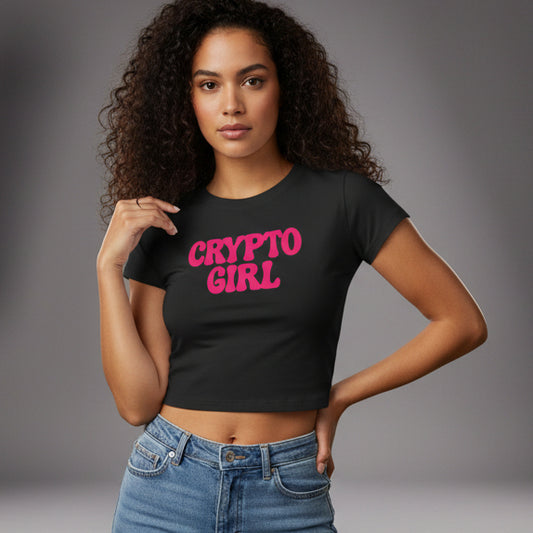 Woman wearing a black crop top with 'CRYPTO GIRL' in pink text on a white background