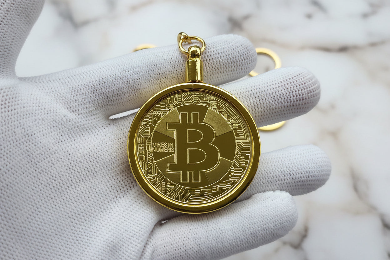 Gold Bitcoin pendant held by a gloved hand against a marble background