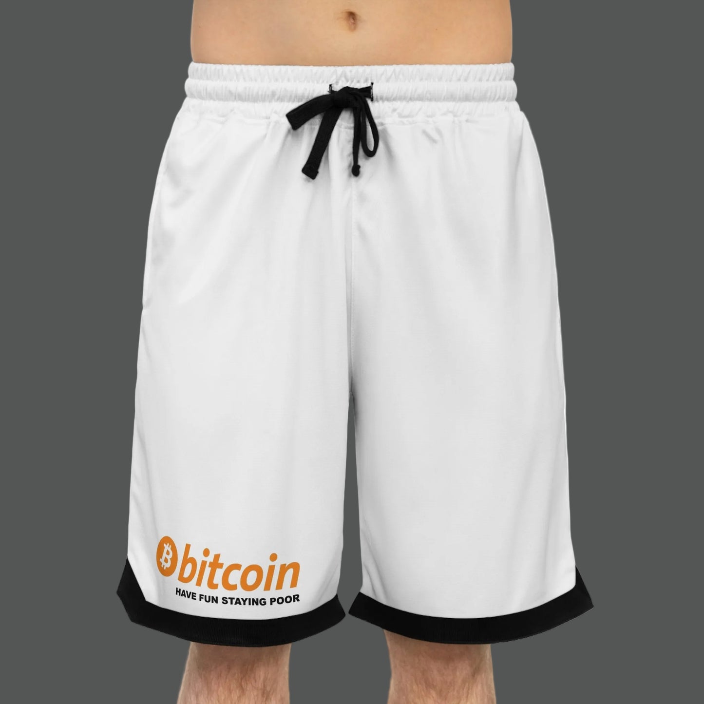 White shorts with Bitcoin logo and text on a white background