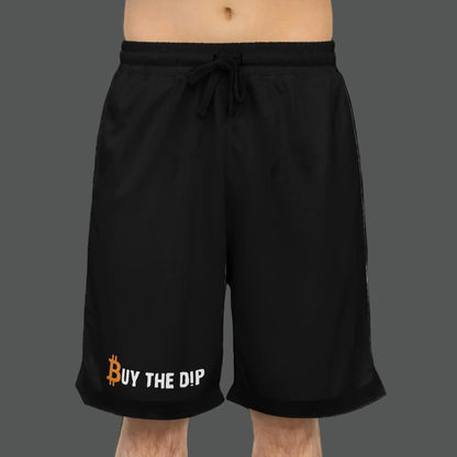 Black shorts with 'Buy The Dip' text and Bitcoin symbol on a transparent background