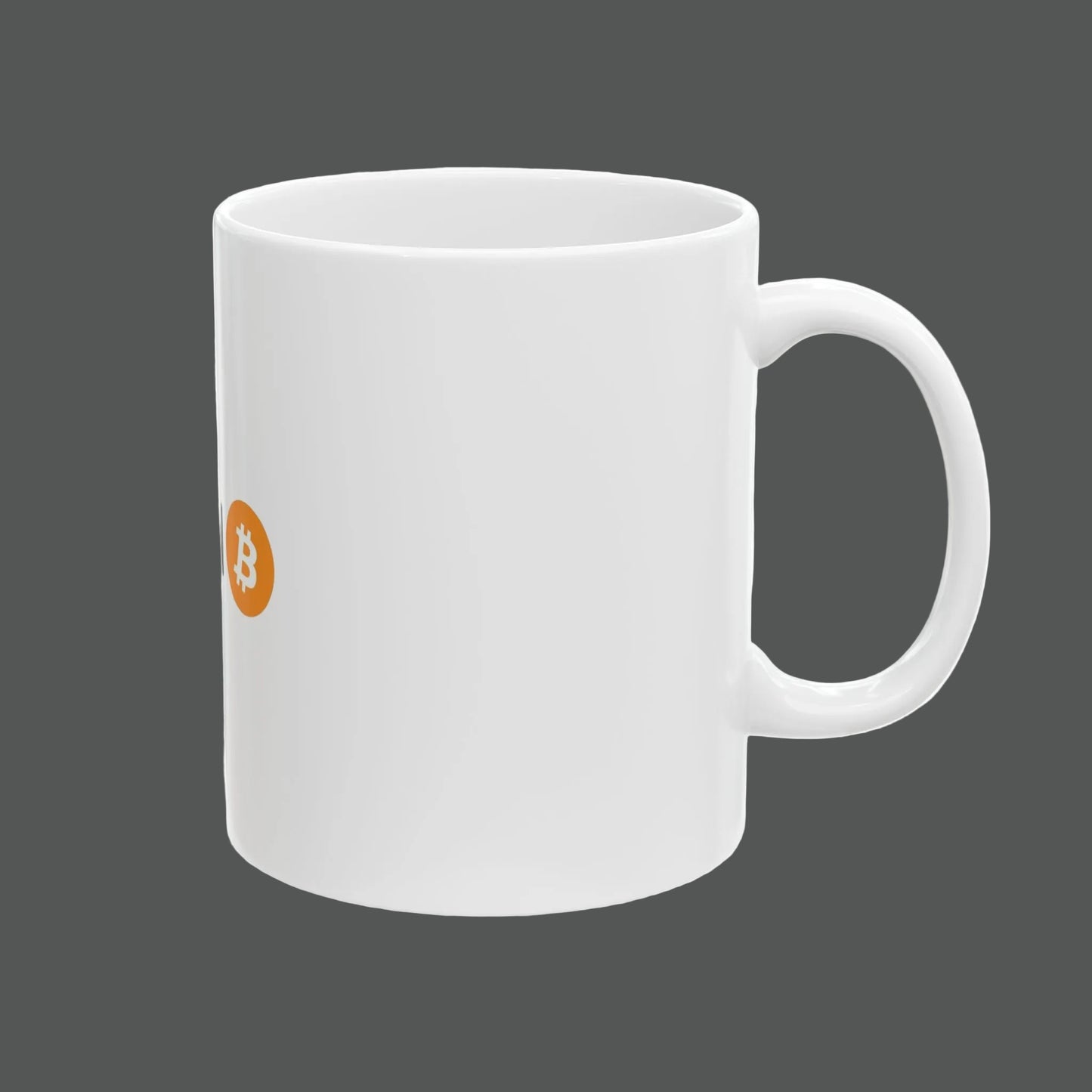 White mug with a small orange logo on a white background
