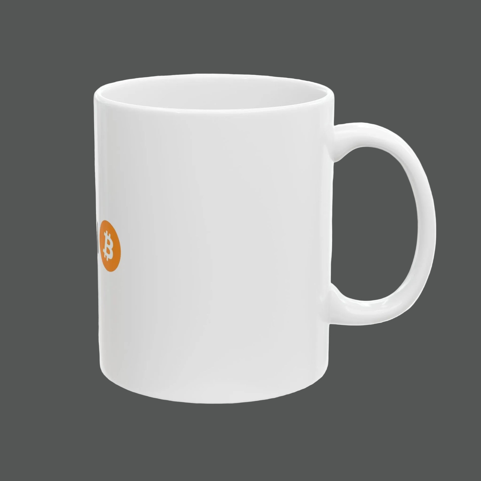 White mug with a small orange logo on a white background